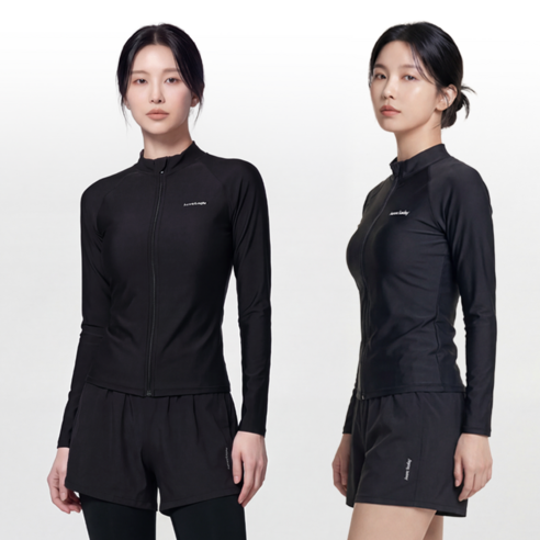 오로라선데이 여성 올블랙 집업 래쉬가드 5종 세트 체형커버 수영복, 5XL