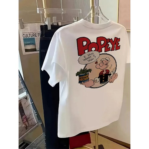 여성 Y2K 복고풍 뽀빠이 만화 T-셔츠-흰색 느슨한 짧은 소매 재킷 통기성 패브릭 봄과 여름 캐주얼 패션 디자인 의류 관리