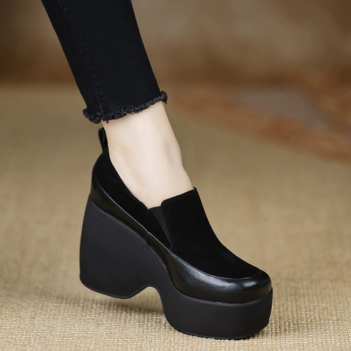 수제화 10cm 여성힐 가죽 단화 키높이 웨지힐