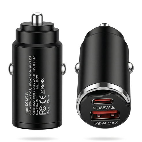 PD65W+100W Max 초고속 충전기 듀얼포트 시거잭 차량용 충전기 미니 메탈 고리 디자인 슈퍼차지 어댑터, 검정색, CC9