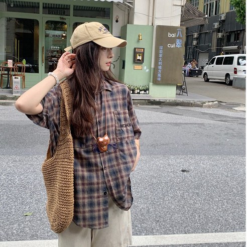 style dr 여성 반팔셔츠 여성 체크 셔츠 여름셔츠 남방 오버핏