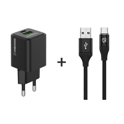 언박싱 듀얼 USB A C타입 33W 초고속충전기 + 브랙스 패브릭 C타입케이블, 1개, 블랙, 2m