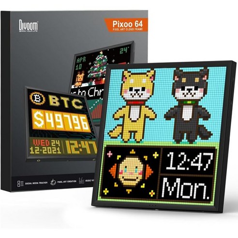 Divoom 디붐 Pixoo 64 앱 제어가 가능한 WiFi 픽셀 클라우드 디지털 프레임 게임룸 장식 소셜 미디어 팬 카운터용 X LED 패널 디스플레이 225992, 10.3 inches