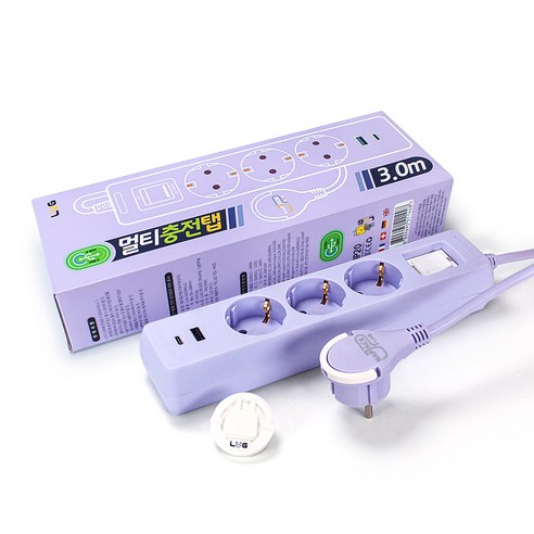 러그박스 3/5구 납작플러그 고속충전 USB C타입 고용량 3680W 멀티탭 1.5M/ 3M, 1개, 3구 퍼플