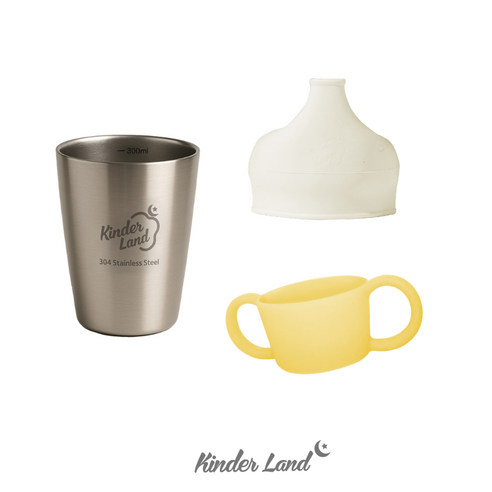 [킨더랜드] 스테인레스 컵1개+뚜껑1개+손잡이1개+일회용빨대증정, 밀크, 1개, 300ml