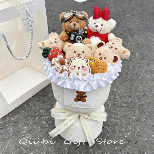 YAPOGI 곰돌이 졸업식 선물 인형 꽃다발+ 쇼핑백 세트, C