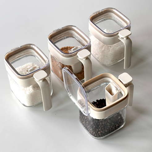 라몬 밀폐 유리 양념통 원터치 빌트인스푼 조미료통, ALL투명 4개, 1세트