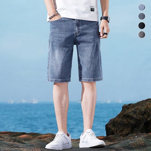 wassup 남자 청반바지 여름 얇은 스판 쿨링반바지 베이직 빅사이즈 청반바지