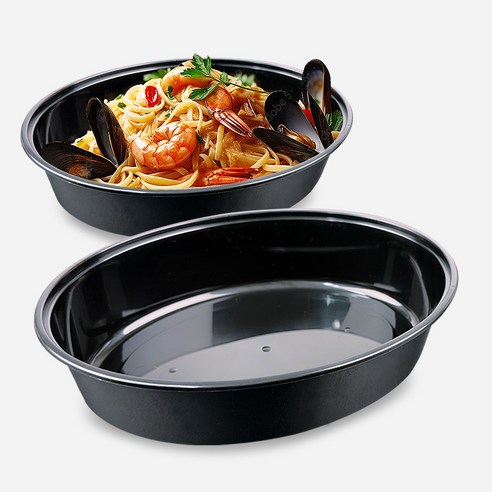 타원형 밀폐용기 파스타 덮밥포장, 1000ml, 검정, 50세트, 용기+뚜껑