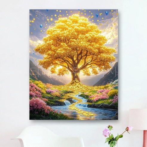 보석십자수 캔버스형 40x50cm 보석 비즈 십자수 DIY키트 원형비즈 3D 대형 장식용 그림, T07 돈나무, 1개