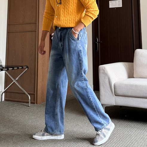 남자 세미와이드 샌드워싱 뒷밴딩 데님 청바지 팬츠 빅사이즈 후기 분석 - 워싱 디테일