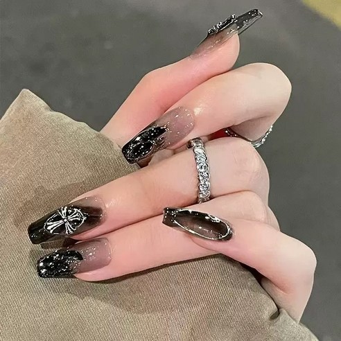 롱 십자가 블랙 그라데이션 네일팁 씨씨네일