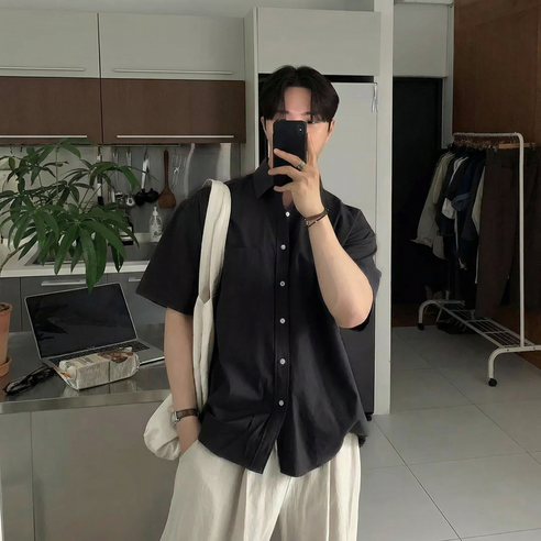 ANYOU 남성 여름 오버핏 반소매 셔츠 세미캐주얼 데일리 남방
