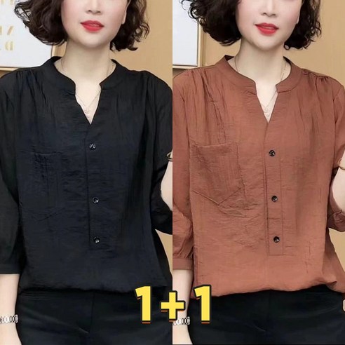 1+1 중년여성 여름 브이넥 단추 5부 소매 셔츠 블라우스 루즈핏 린넨코튼 남방 100kg