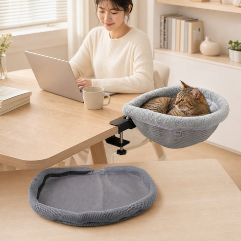 YAPOGI 따뜻한 무타공 고양이 해먹 책상옆 반려묘 침대, 1개, 그레이