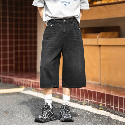 HANYO 데일리 와이드 워싱 데님 남녀공용 캐주얼 버뮤다 팬츠 반바지