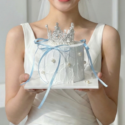 [쏘스데이] 웨딩 케이크모형 DIY 만들기 티아라 리본 웨딩촬영소품 브라이덜샤워 프로포즈, 1개, 화이트크림(블루리본)