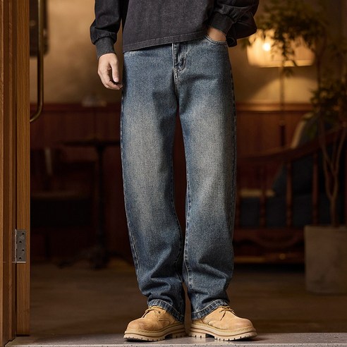 남성 와이드 스트레이트 청바지 겨울 캐주얼 데님 워싱 커브드핏 블루진