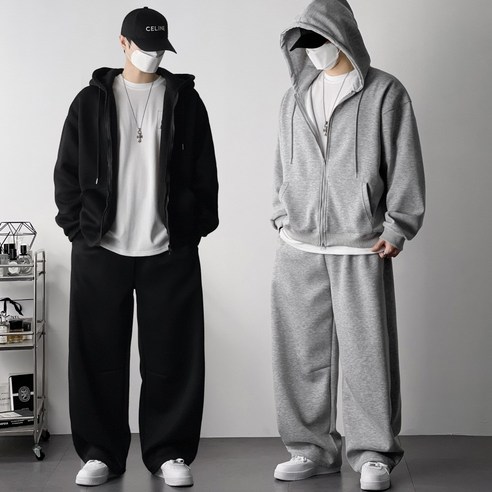 오프앤 남자 무지 오버핏 후드 집업 + 커브드 팬츠 셋업 트레이닝복 츄리닝 상하 세트