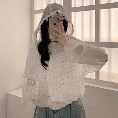 레티고 여름장마 간절기템 시스루 도트 긴팔 후드 집업