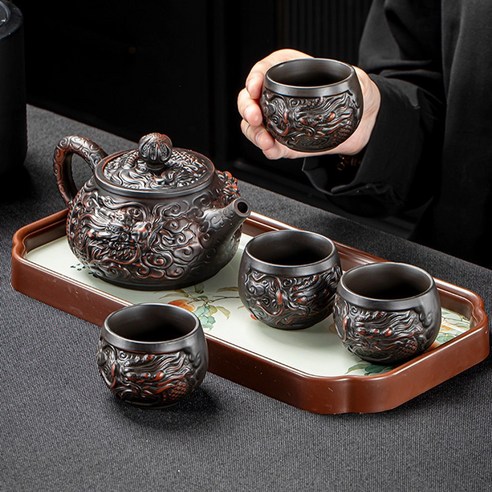 高端紫陶祥龍復古泡茶壺套組紫砂功夫茶具家用高檔禮盒裝, 1個, 1L, ZX