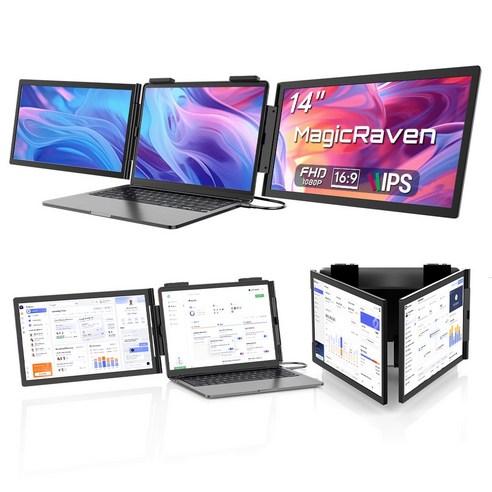 MagicRaven 14인치 노트북 트리플 모니터 IPS FHD 휴대용 보조 포터블 모니터, 2화면, 35.6cm
