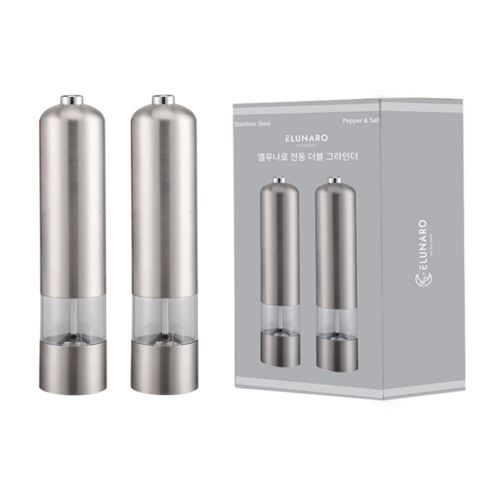 1+1 엘루나로 자동 전동 소금 후추 그라인더, 1세트, 스텐+스텐, 80ml