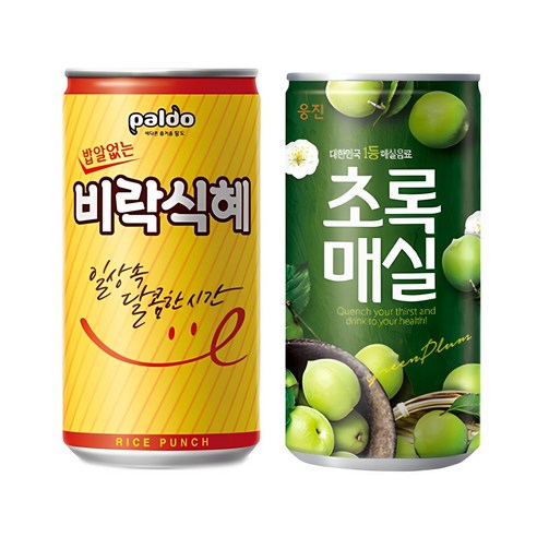 웅진 초록 매실+ 팔도 밥알없는 비락식혜 180ml 각30캔 총60캔 매실/과일음료/미니캔/식혜