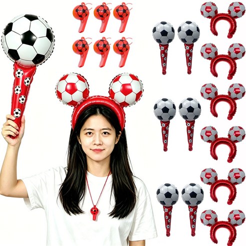 월드컵 축구응원도구 축구풍선6Pcs+축구풍선머리띠6Pcs+호루라기6Pcs 총 18개 응원세트, 레드