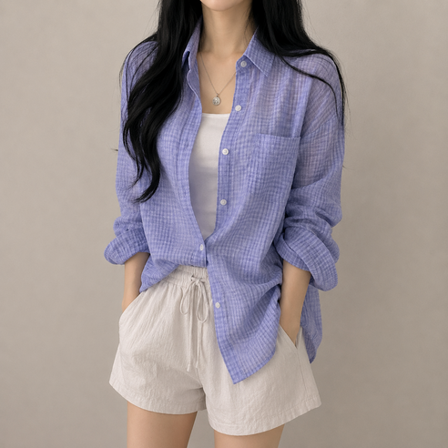여성 여름 잔체크 시스루 셔츠 얇은 거즈 루즈핏 긴팔 남방 아우터