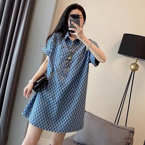 ANYOU 여성 여름 데님 원피스 블루 루즈핏 빅사이즈 원피스 캐주얼 데일리룩 바캉스룩 미디 기장 셔츠넥 하객룩 오피스룩