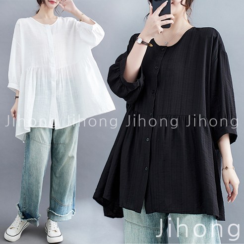 지홍 여름 빅사이즈 셔링 롱블라우스 오버핏 88 99 XXXL 아주 큰 여름