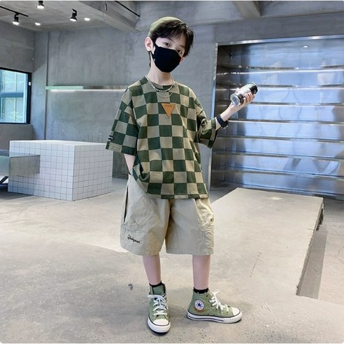 키즈목마 kid's horse 2025 봄여름 남아 세트 남아 포인트체크 반팔+반바지 세트 주니어 상하복 세트 티 카고반바지 세트 571