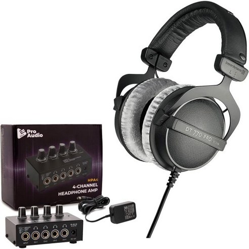 베이어다이나믹 DT 770 PRO 80옴 오버이어 스튜디오 헤드폰(블랙)과 컴팩트 4채널 스테레오 헤드폰 앰프 및 DC 12V 전원 어댑터 세트(2개입) 312895, 베이어다이나믹 DT 770 PRO 80옴 오버이어 스튜