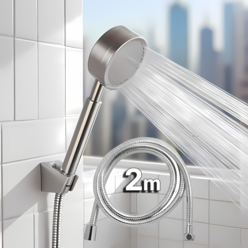 루벤하임 수압상승 호텔식 스테인리스 샤워기 헤드 + 샤워호스 2m, 실버 샤워기+호스, 1세트
