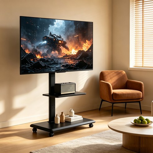 이동식 TV 스탠드 거치대 32-75인치 높이조절 수납 360도회전 65KG 하중 이동식 거치대, 1개, 블랙