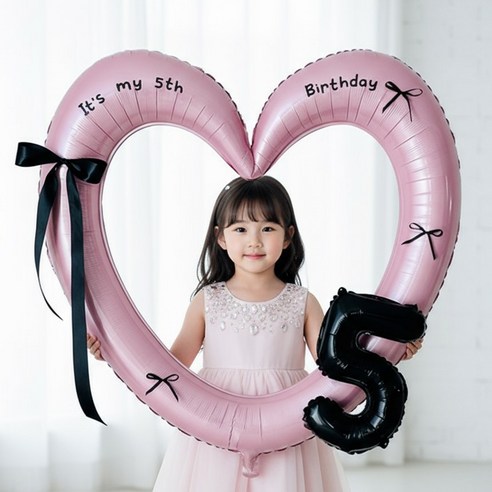 연지마켓 생일 하트프레임풍선 블랙 숫자 생일파티 용품 세트 (자유레터링), 1세트, 핑크하트 숫자 5