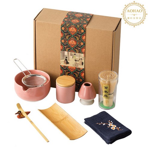 AOHAO 말차 도구 9PCS 세트 MATCH WHISK, 4세트, 핑크9PCS