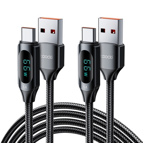 TOOCKI 알루미늄 합금 LED 디스플레이 6A C 타입초고속 충전 케이블블랙, 1m, 블랙, 2개