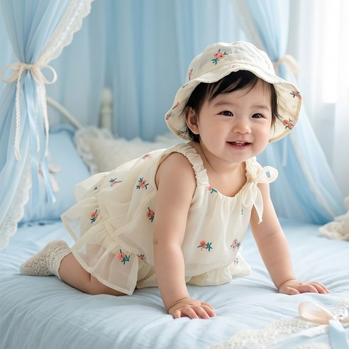 몽실이 플라워자수 원피스 바디슈트 모자세트