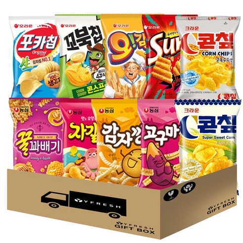 [YFRESH]스낵10종세트 꼬북칩 포카칩 오감자 썬칩 콘칲 꿀꽈배기 자갈치 감자깡 고구마깡, 1세트, 꼬북칩포카칩오감자썬칩콘칲꿀꽈배기자갈치감자깡고구마깡