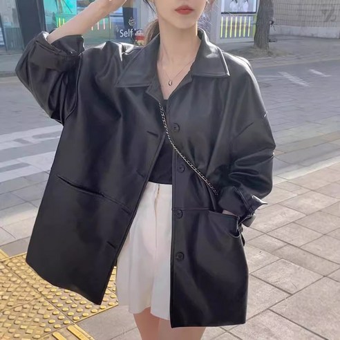 708090 여성용 캐주얼 숏 바이커 레더 데일리 자켓 - 재킷