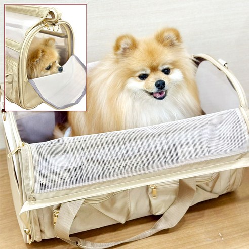 반려동물 강아지 고양이 나랑파티 여름 매쉬 캐리어 이동 가방, 1개, 베이지