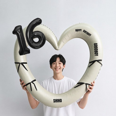 해피제이니 블랙 숫자 하트프레임 풍선 생일파티용품세트(프리레터링 시트지 포함) 포토존, 1세트, 16 크림