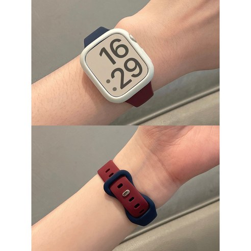 애플워치밴드 풀세트 1+1] 투톤 실리콘 밴드+초슬림 케이스 / 5컬러 / 40&41mm+44&45mm 호환 땀방지+미끄럼방지 초슬림 실리콘 도파민 컬러 걸리시 스타일, 애플워치 8 / 7(41mm), 화이트 케이스[네이비+와인]