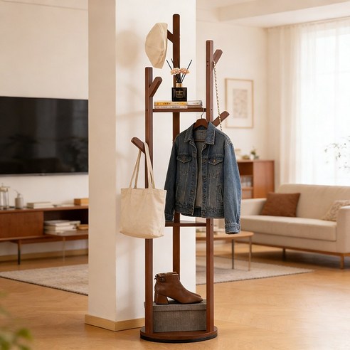 쿠리브 원목색 회전 행거 튼튼한 대나무 스탠드 옷걸이행거, 월넛