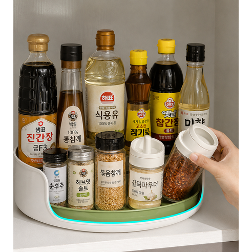 좋은픽 꺼내기 쉬운 회전 양념통 선반, 1개, 화이트+그린
