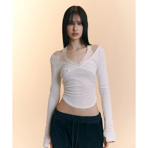 [플리즈노팔로우] Amelia Lace Halter Long Sleeve Top (Ivory)