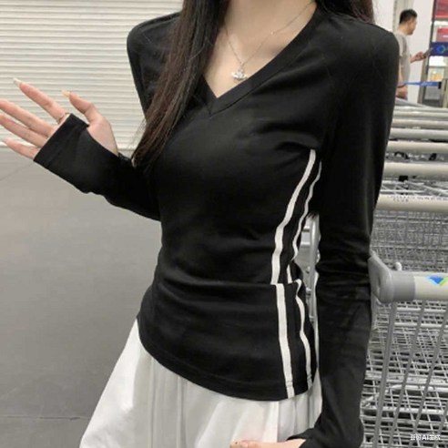 여성용 리브 슬림핏 긴팔 이너 레이어 V넥 사이드 스트라이프 베이스 레이어 티셔츠