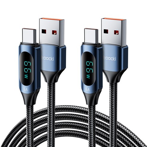 TOOCKI 알루미늄 합금 LED 디스플레이 6A C 타입초고속 충전 케이블블랙, 1m, 블루, 2개